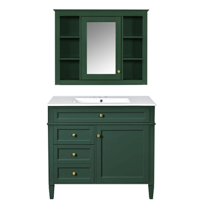 Green bathroom vanity with mirror cabinet, mirrored door with brass knob, side open shelves on Tampa Home & Garden Store
