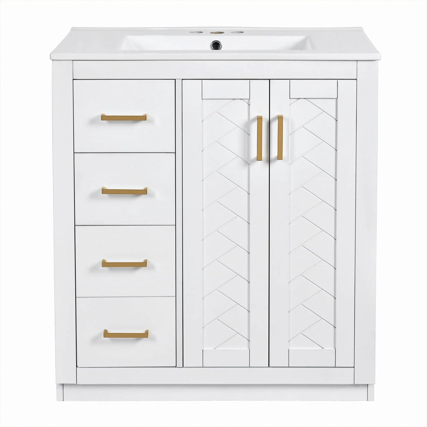 White ceramic sink vanity with 3-drawer left, right doors, gold handles Unique Piece Furniture on Tampa Home & Garden Store