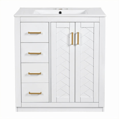 White ceramic sink vanity with 3-drawer left, right doors, gold handles Unique Piece Furniture on Tampa Home & Garden Store
