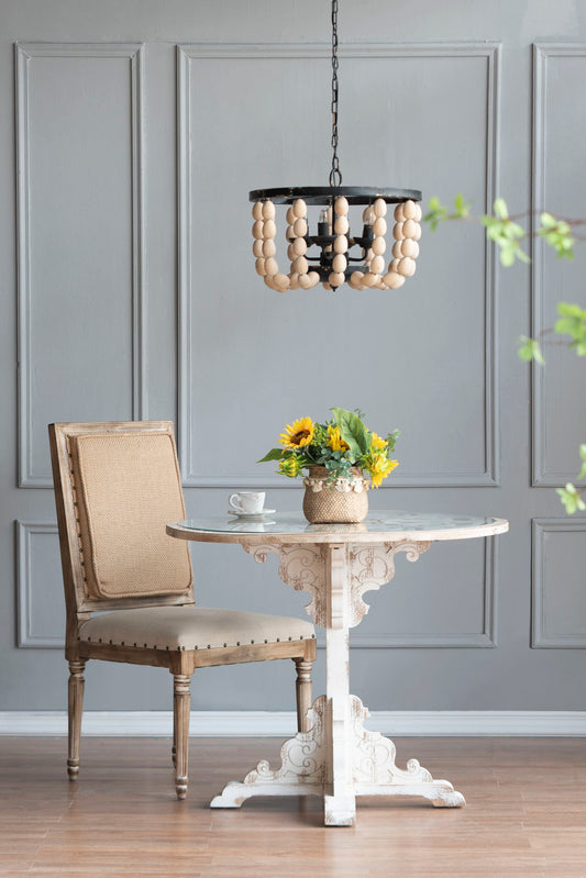 4 Light Wood Chandelier with cream wooden bead strands, black metal frame and adjustable chain on Tampa Home & Garden Store