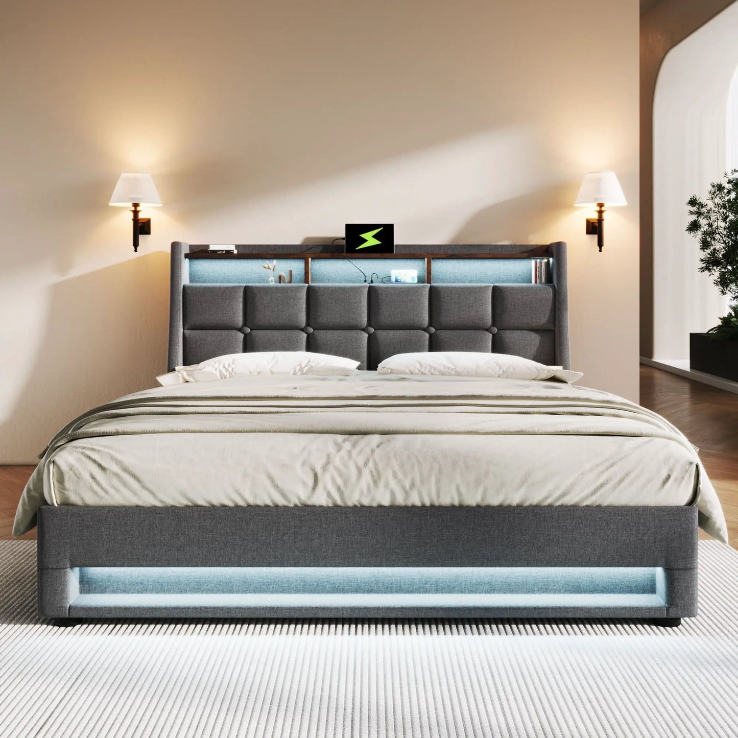 Upholstered Platform Bed With Storage USB LED