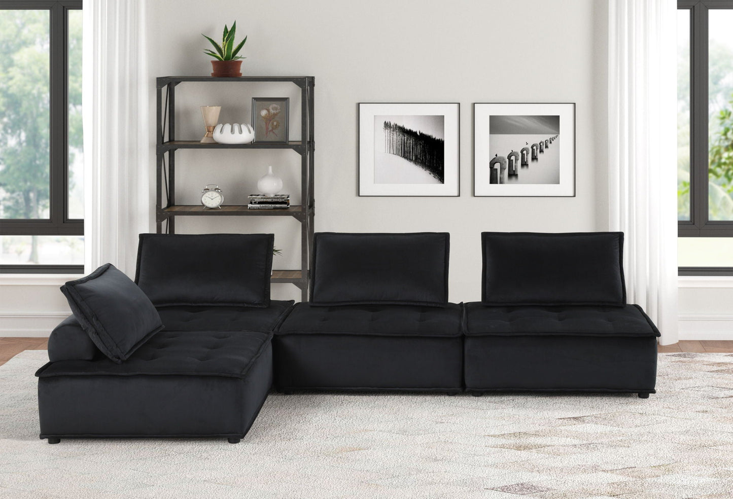 Anna sectional sofa ottoman in black fabric, contemporary living room setup on Tampa Home & Garden Store