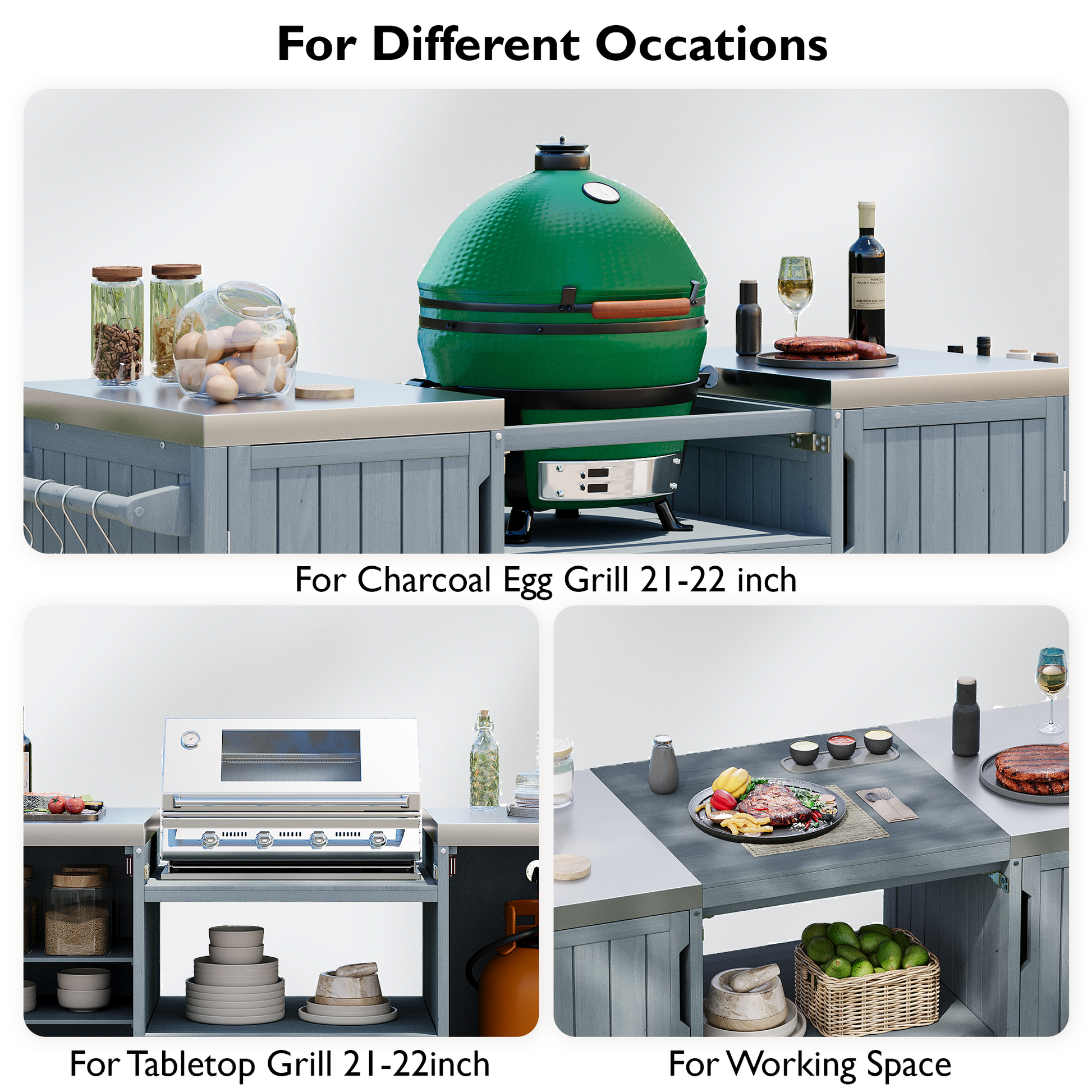 K&K 66.5in outdoor kitchen island with gray wood cabinets and a green Big Green Egg grill on Tampa Home & Garden Store