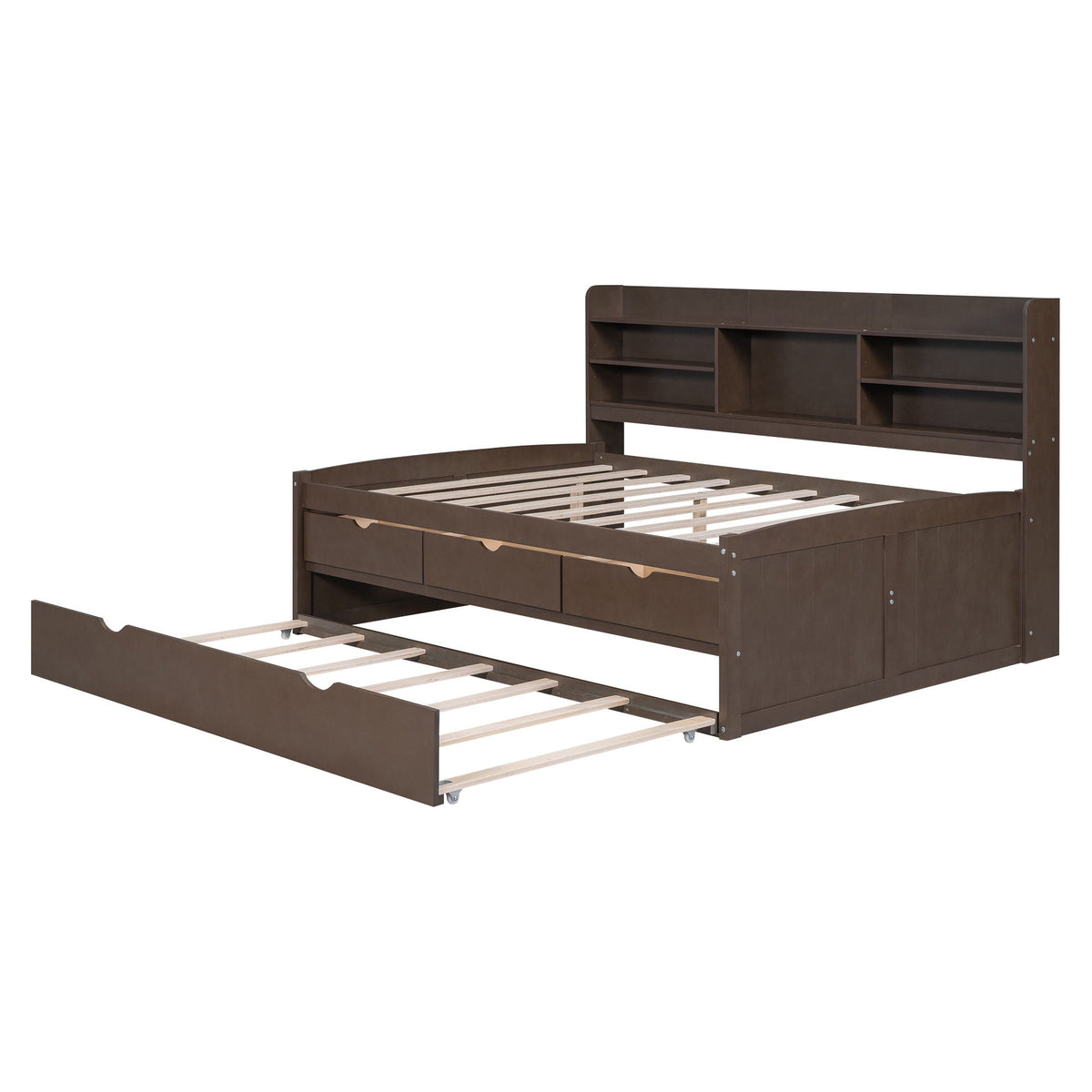 Captain Bed with built-in bookshelves, 3 storage drawers, and trundle in dark brown wood on Tampa Home & Garden Store