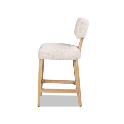 Round arched upholstered counter stool with open back in travertine beige and wood legs on Tampa Home & Garden Store
