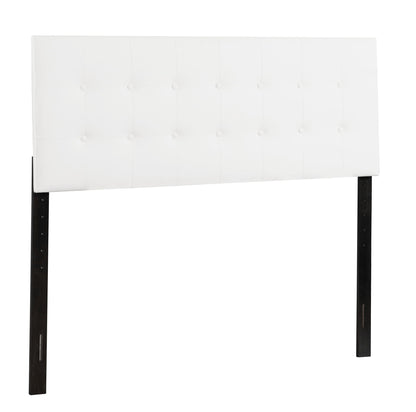 Upholstered headboard white tufted with button details and dark wood legs on Tampa Home & Garden Store