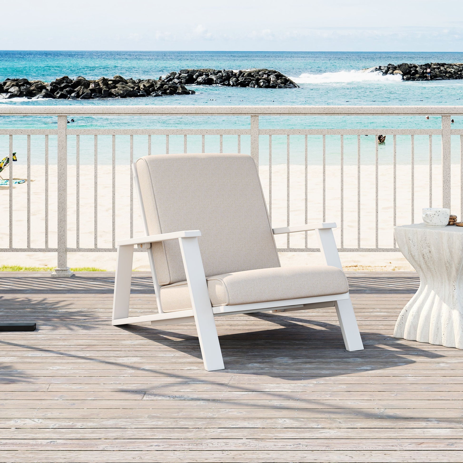 Outdoor Patio Lounge Chair beige cushion with white frame HouseOfZazla club chair on Tampa Home & Garden Store