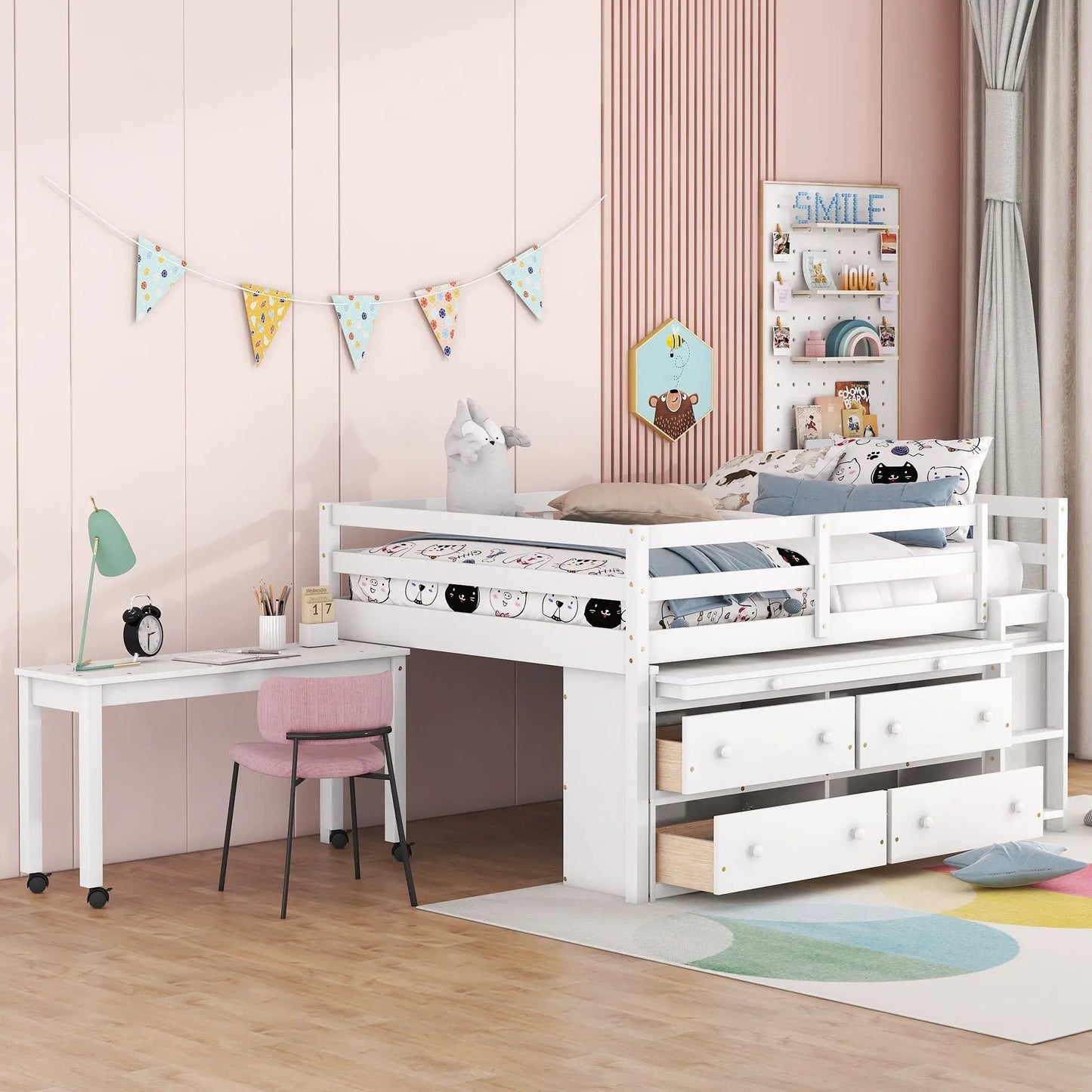 Loft bed with retractable desk and 4 drawers in white, with lateral portable desk and shelves Unique Piece Furniture on Tampa Home & Garden Store