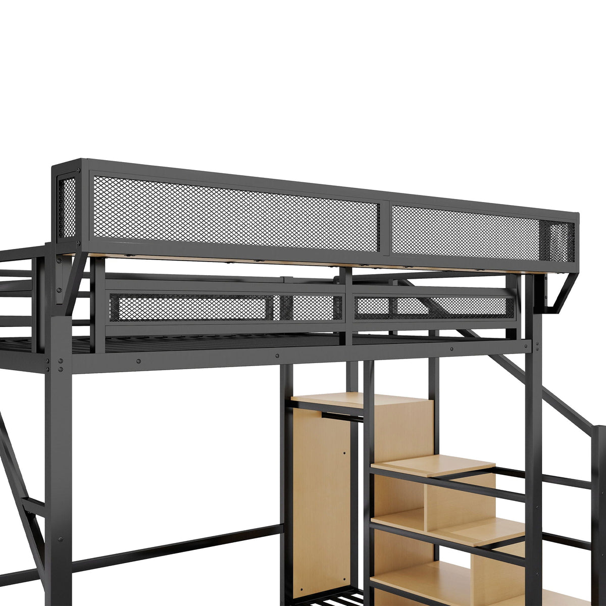Queen Loft Bed with stairs, storage shelves and wardrobe in black frame with steps HouseOfZazla on Tampa Home & Garden Store