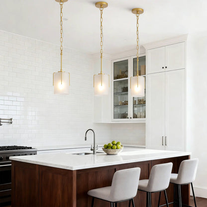 Adjustable cylindrical pendant light by Unique Piece Furniture with gold chain and glass shades on Tampa Home & Garden Store