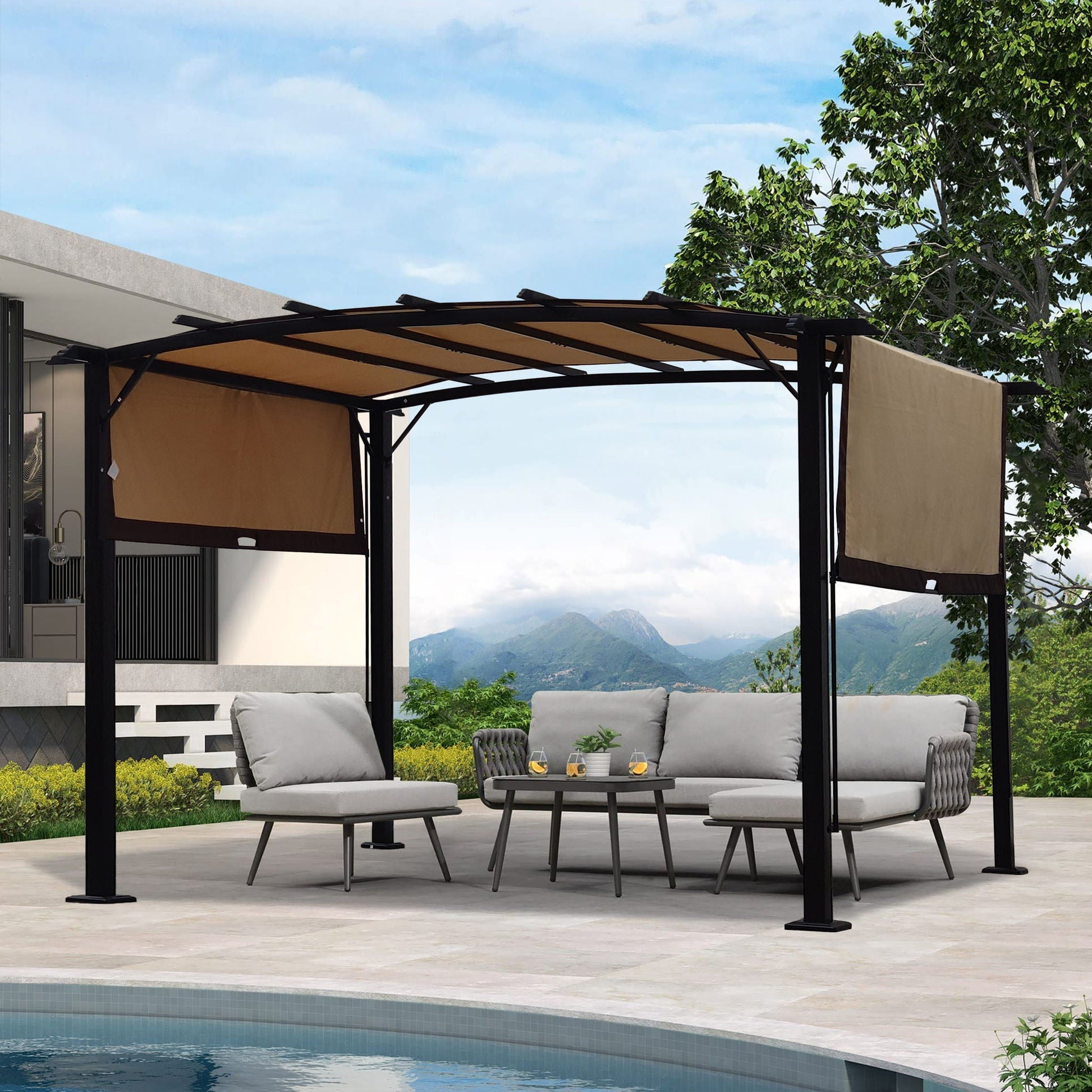 Patio pergola gazebo by HouseOfZazla with retractable beige canopy and steel frame lounge on Tampa Home & Garden Store