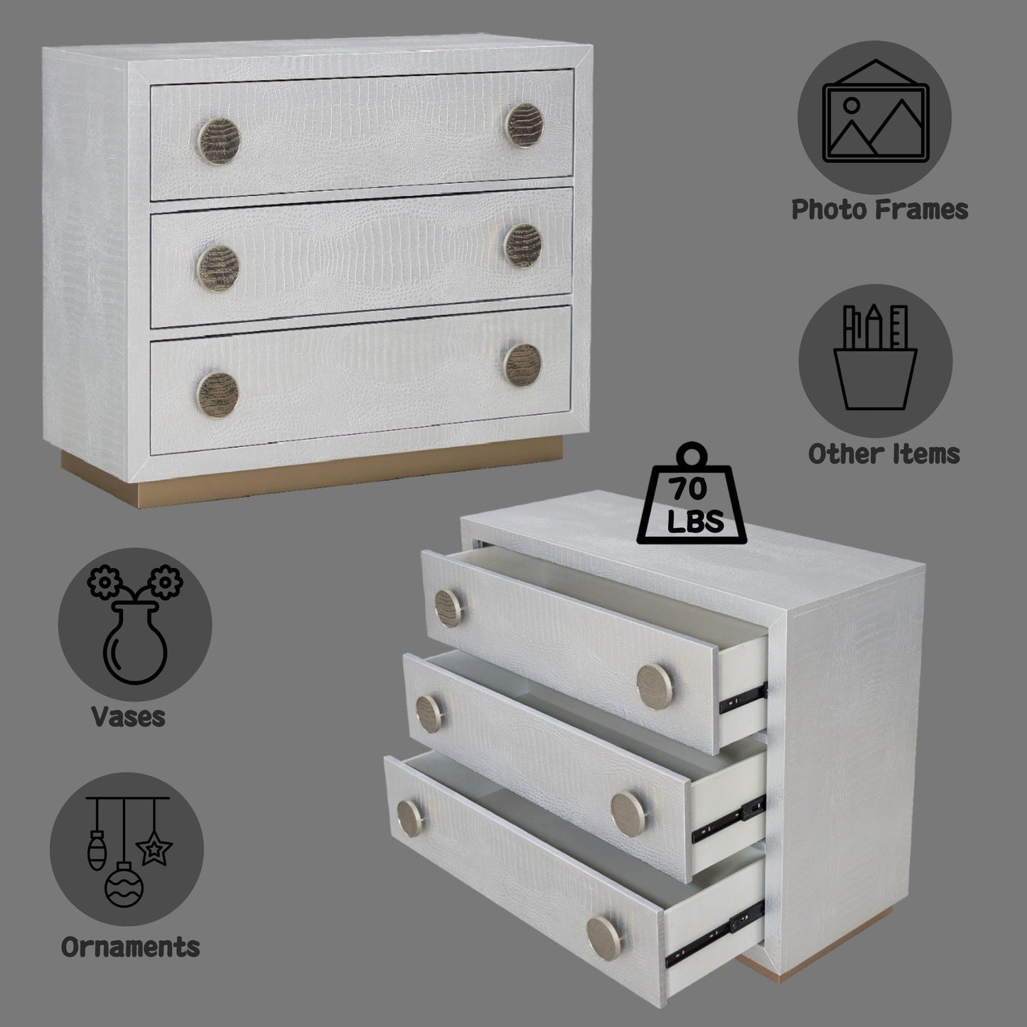 Anpu faux crocodile skin console cabinet in silver with textured panels and round metal knobs on Tampa Home & Garden Store