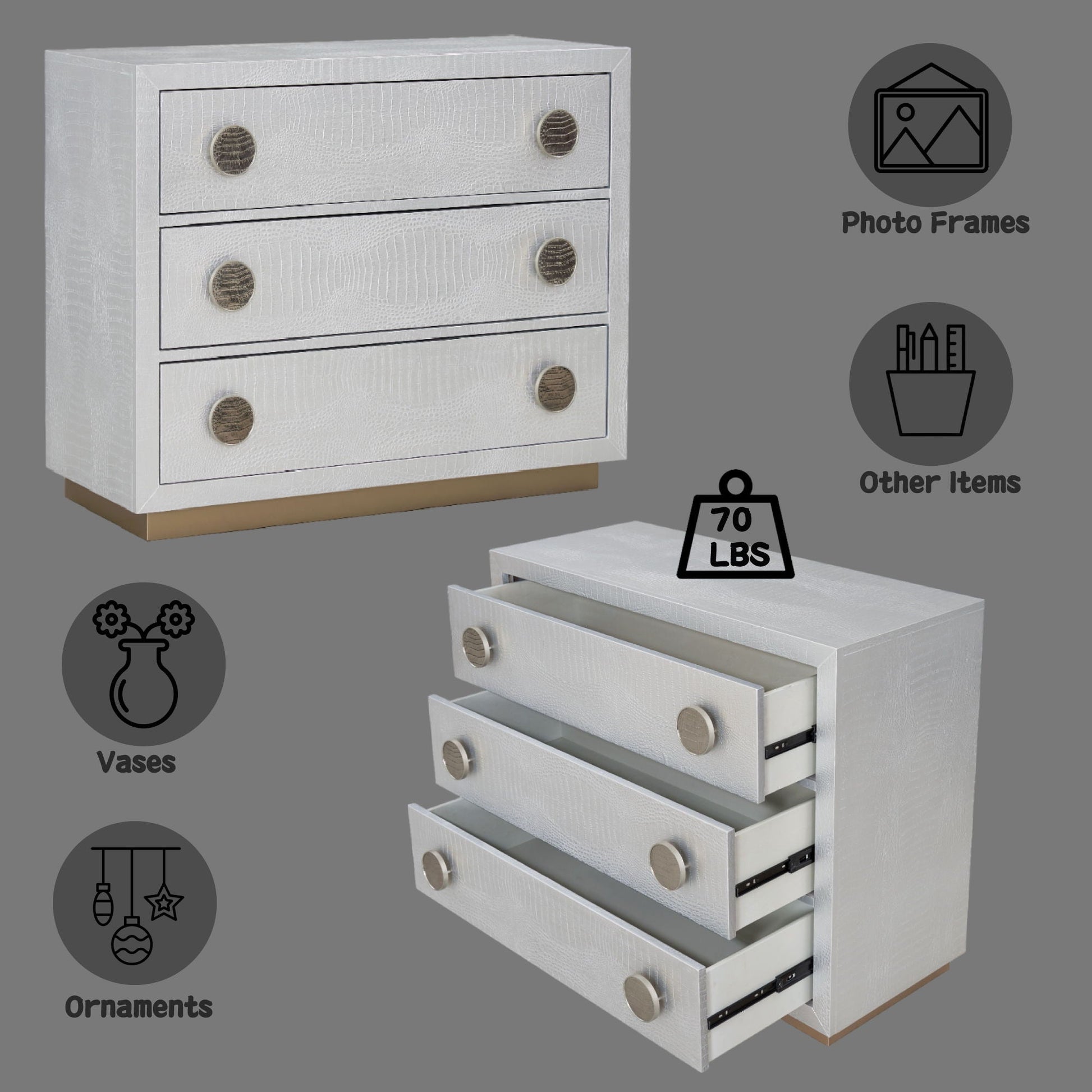 Anpu faux crocodile skin console cabinet in silver with textured panels and round metal knobs on Tampa Home & Garden Store