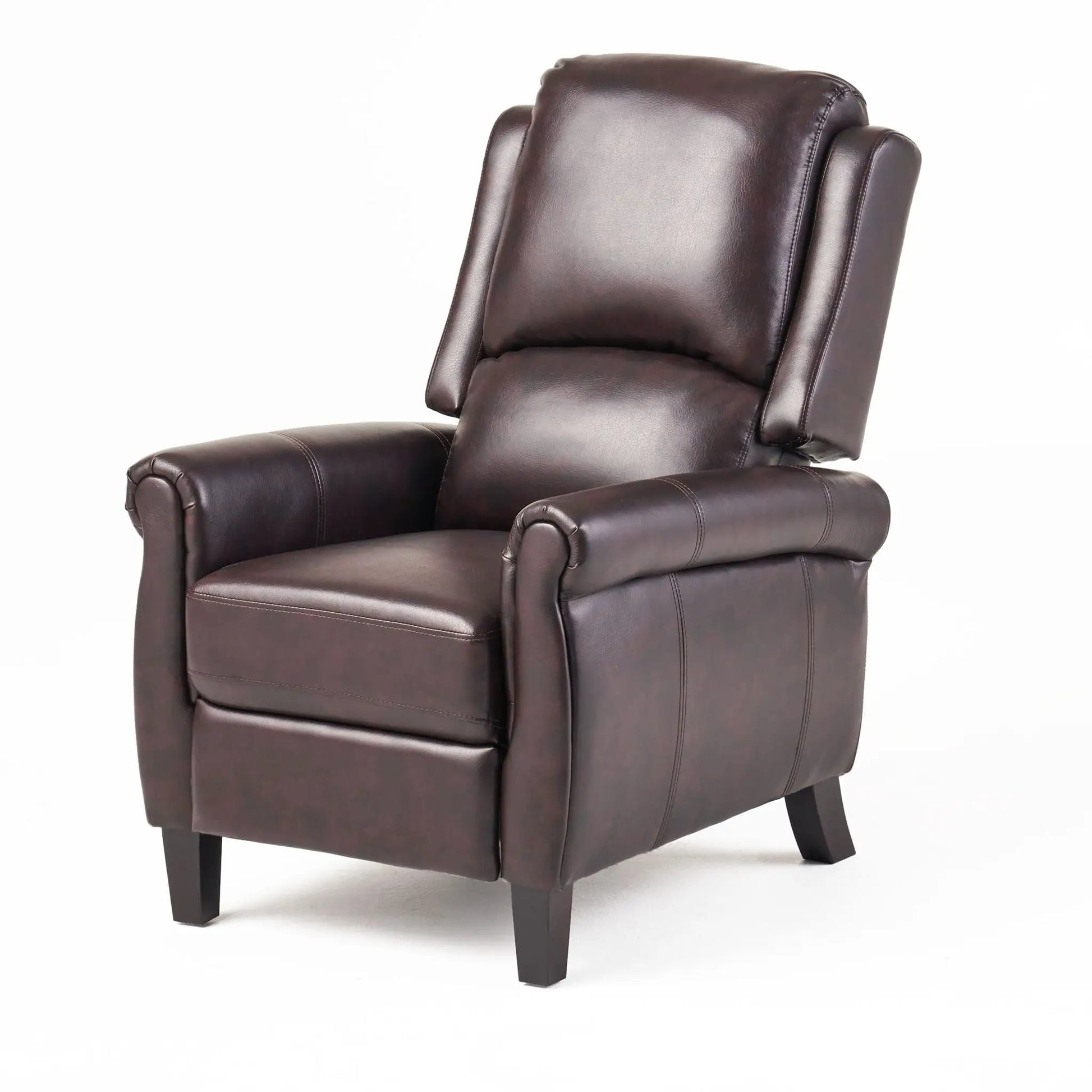 Memphis burgundy leather recliner club chair with padded back and arms and dark wood legs on Tampa Home & Garden Store