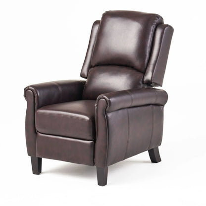Memphis burgundy leather recliner club chair with padded back and arms and dark wood legs on Tampa Home & Garden Store