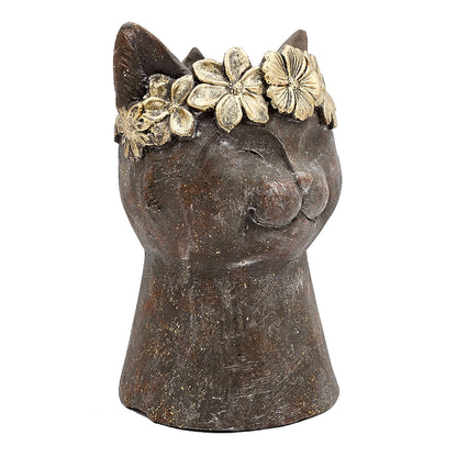 Magnesium cat statue planter with textured dark bronze finish and gold floral crown by HouseOfZazla on Tampa Home & Garden Store