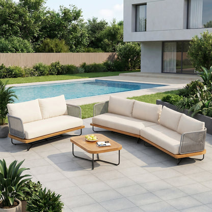 Lucca Outdoor 6-Seater Acacia Wood and Rope Woven Patio Set with cream cushions on Tampa Home & Garden Store