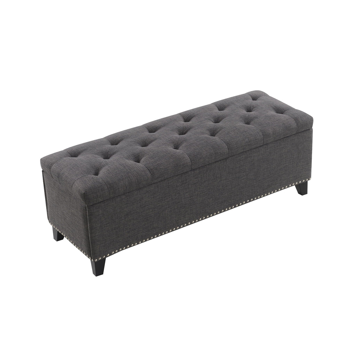 Button-tufted storage ottoman in dark gray fabric with nailhead trim by HouseOfZazla on Tampa Home & Garden Store