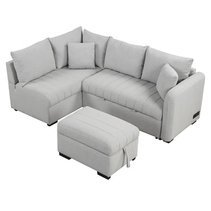 L-Shaped Sectional Sleeper Sofa with Movable Storage Ottoman in light gray fabric by HouseOfZazla on Tampa Home & Garden Store