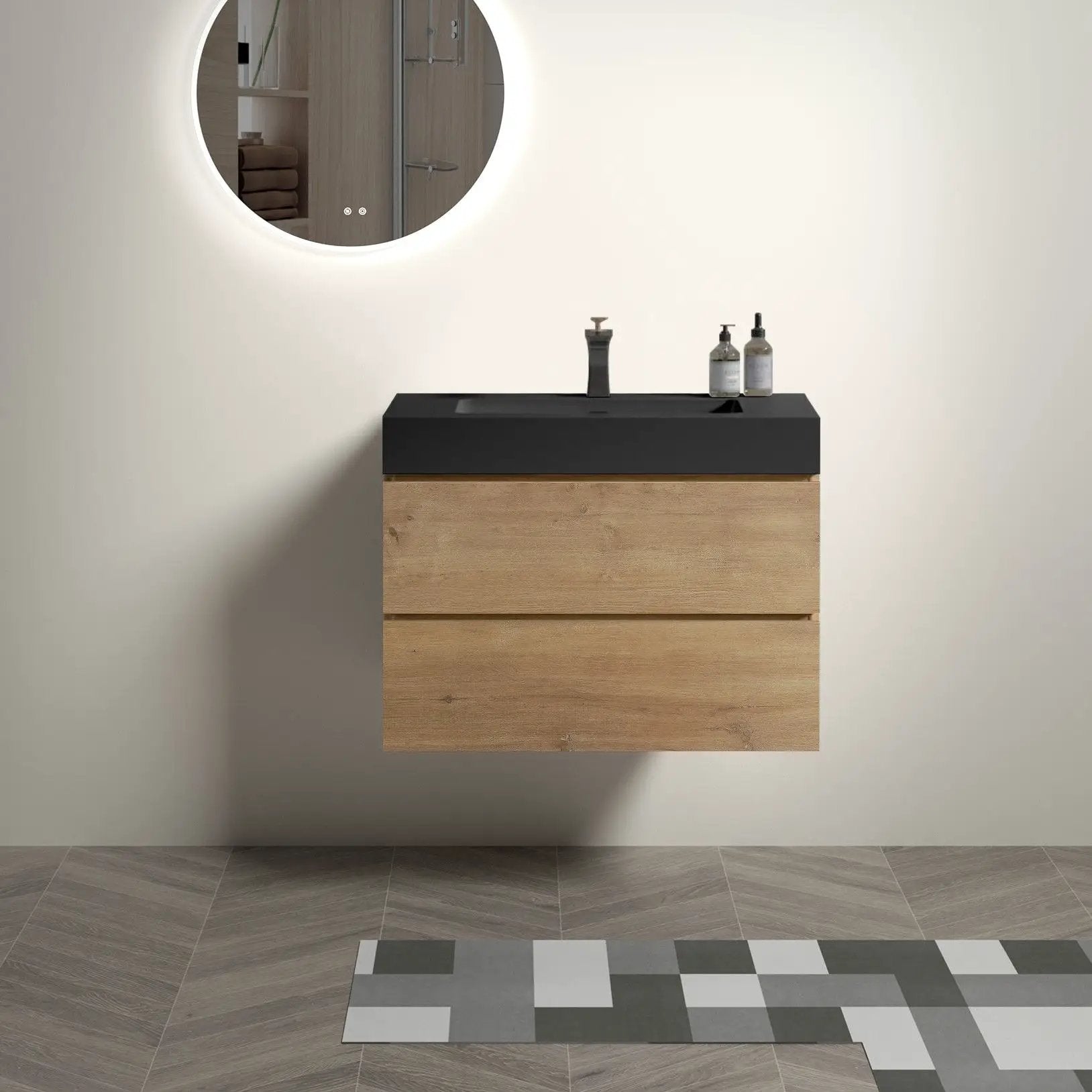 Alice natural oak floating vanity with sink, black top, large storage drawers on Tampa Home & Garden Store