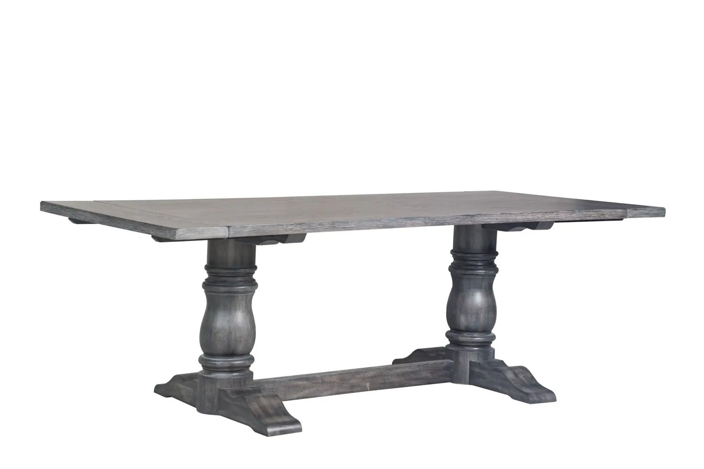 Leventis dining table weathered gray with wide rectangular top and chunky turned pedestal legs on Tampa Home & Garden Store
