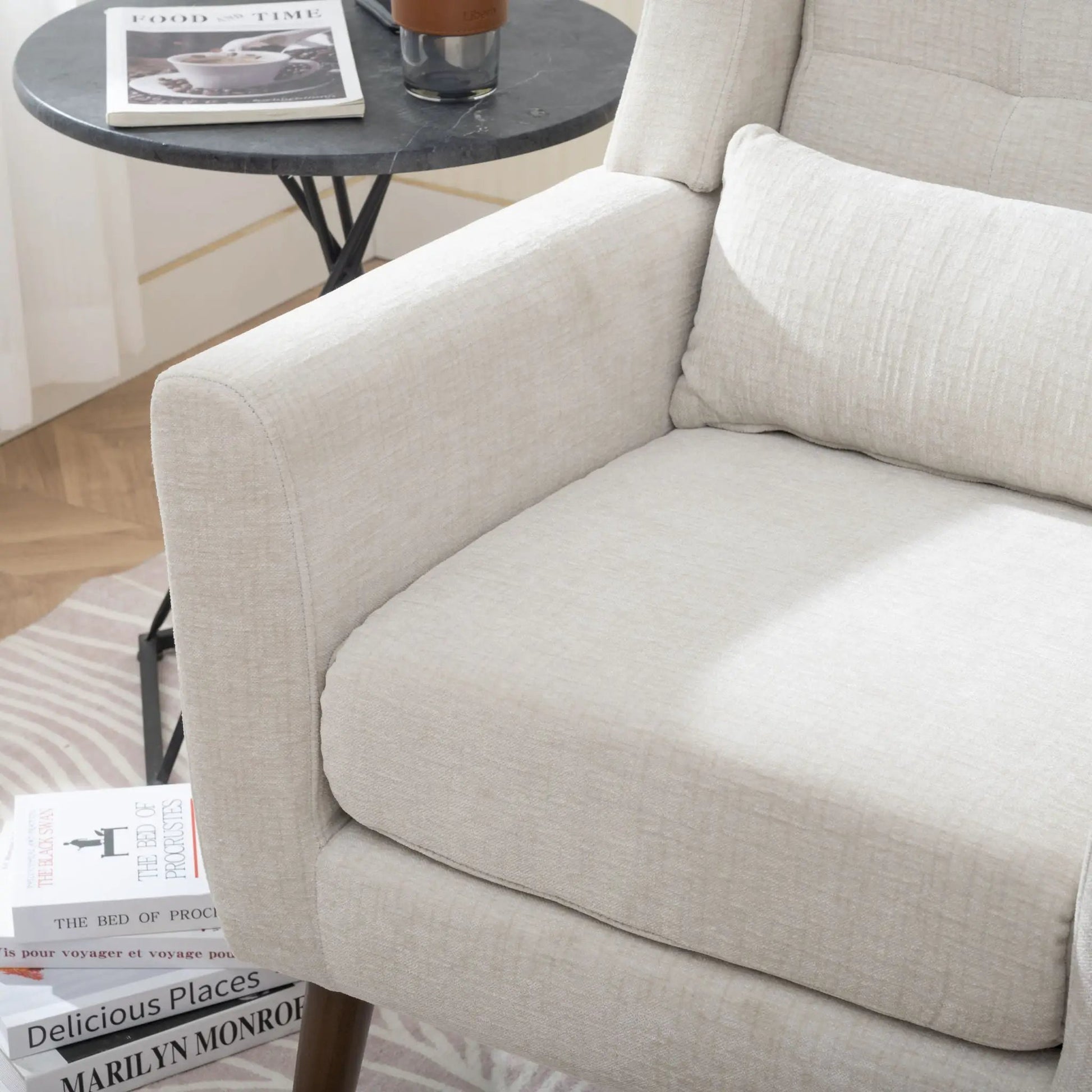 Beige fabric upholstered accent chair with foam filling, mid-century modern armchair on Tampa Home & Garden Store