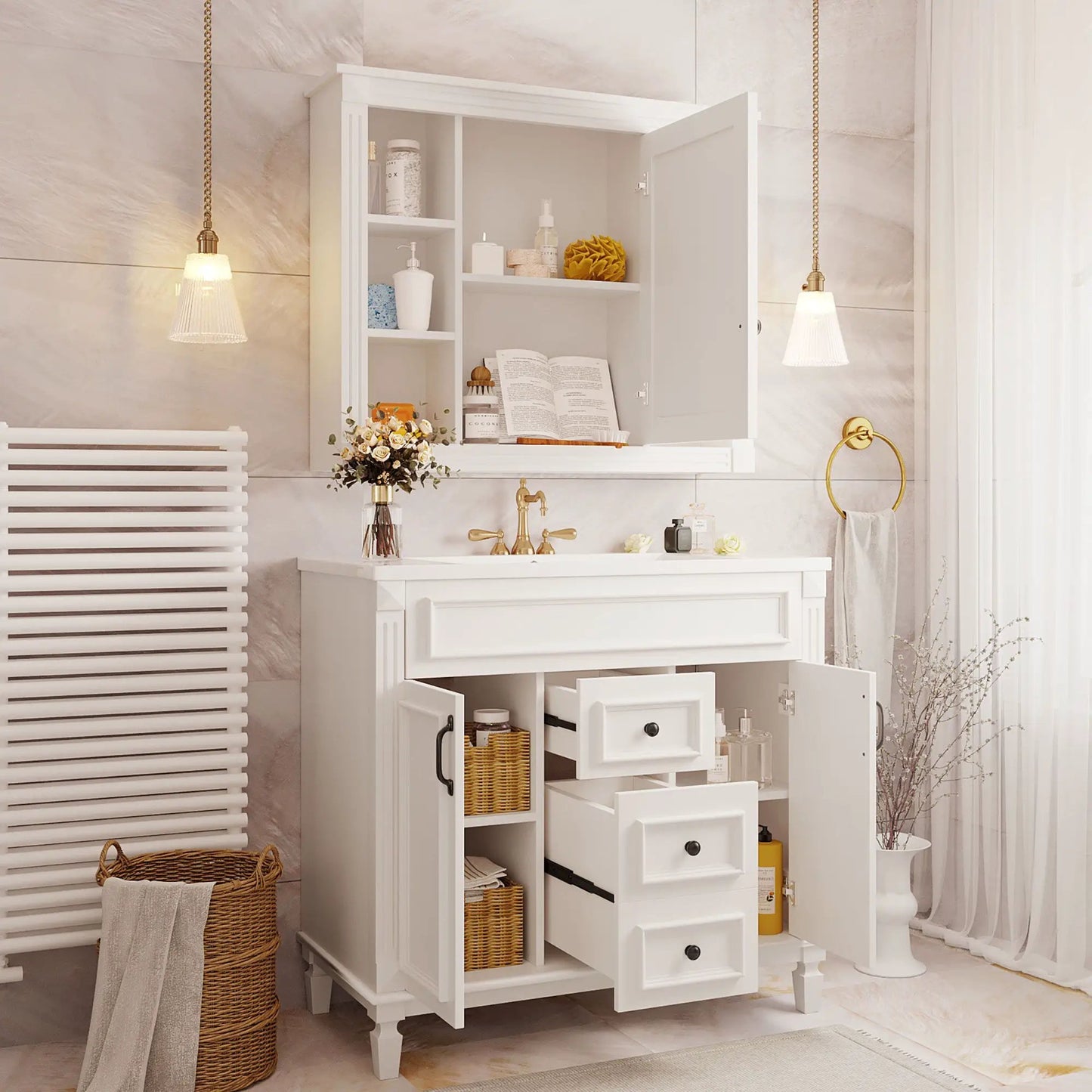 White bathroom vanity with sink and mirror, brass faucet, 2 soft-close doors and 2 drawers on Tampa Home & Garden Store