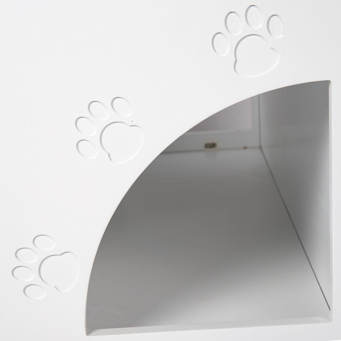 White wooden cat litter box enclosure with paw-print decor and curved glass door on Tampa Home & Garden Store