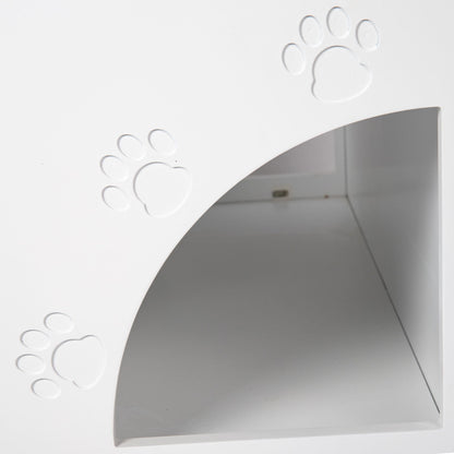 White wooden cat litter box enclosure with paw-print decor and curved glass door on Tampa Home & Garden Store