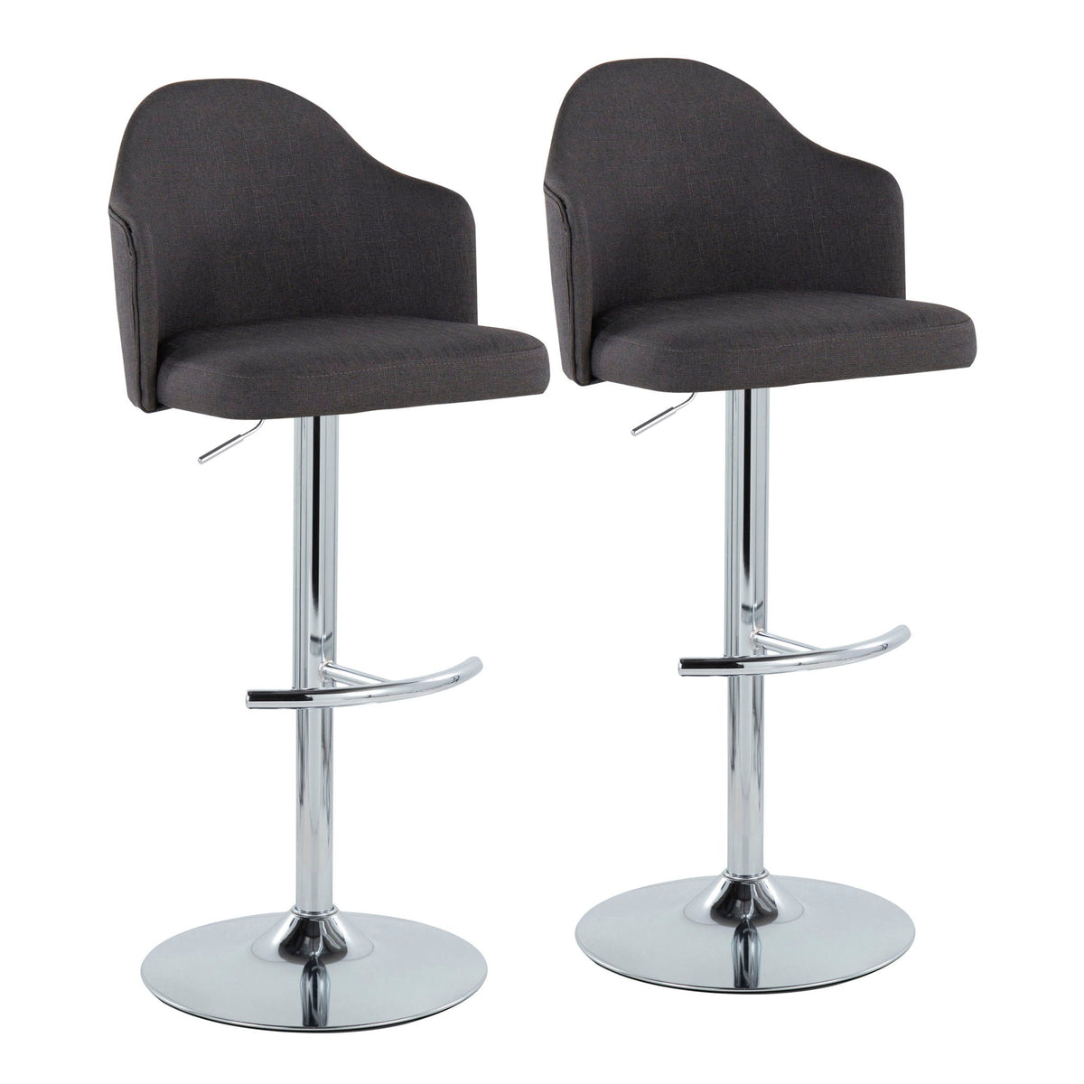 Contemporary adjustable barstool pair with swivel chrome bases and rounded footrests on Tampa Home & Garden Store
