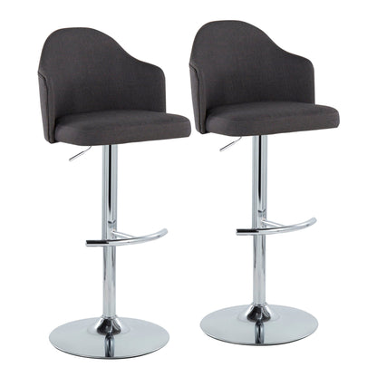 Contemporary adjustable barstool pair with swivel chrome bases and rounded footrests on Tampa Home & Garden Store