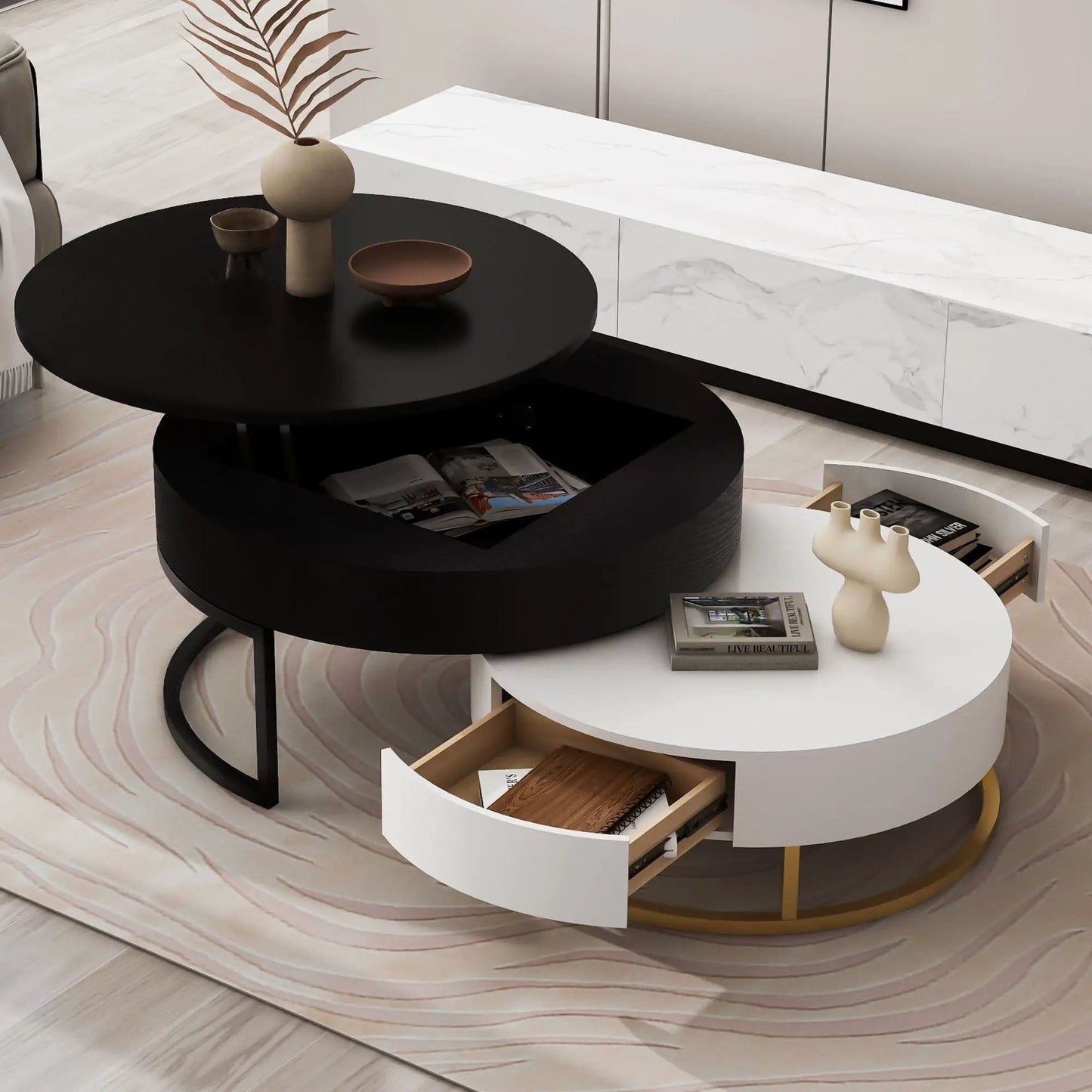 Round Lift-Top Nesting Coffee Tables with Drawers