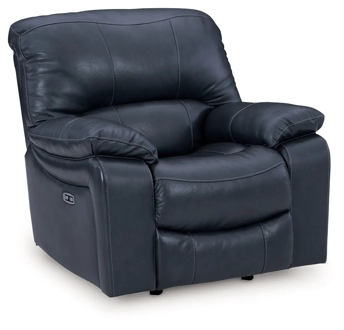Leesworth rocker recliner in dark blue leather with plush back and padded arms on Tampa Home & Garden Store
