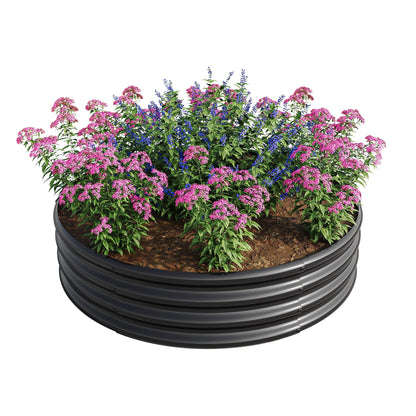 2Pcs 47.24in round raised garden bed planters in black metal filled with pink and blue blooms on Tampa Home & Garden Store