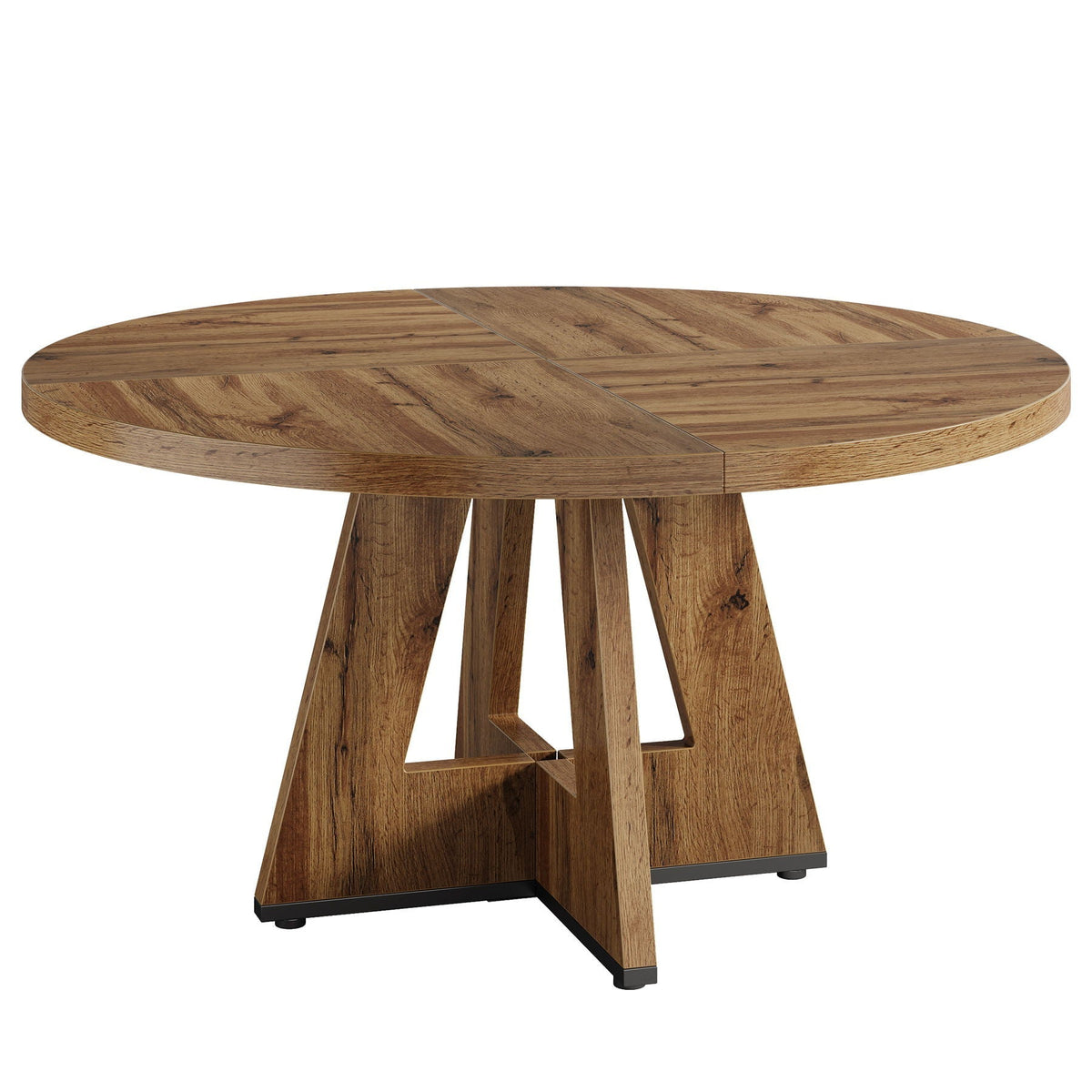 HouseOfZazla round oak dining table with cross-base pedestal and multi-panel top on Tampa Home & Garden Store