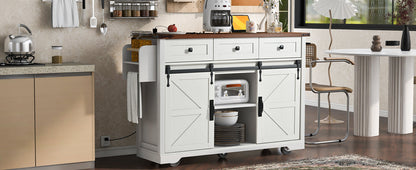 Kitchen Island with Power Outlet, farmhouse white with wood top and barn-door cabinets on Tampa Home & Garden Store