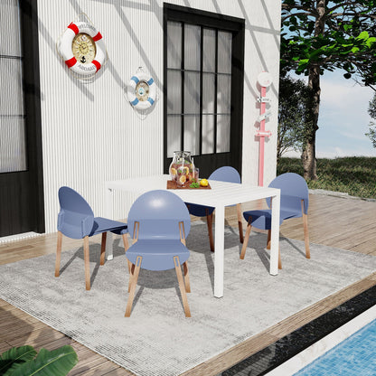 4 Piece Outdoor Set with blue ergonomic polypropylene chairs around a white table on Tampa Home & Garden Store