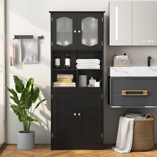 Gabinete de Almacenamiento de Lino para Baño Independiente de 58.5 Pulgadas con Puertas de Vidrio Esmerilado - Negro