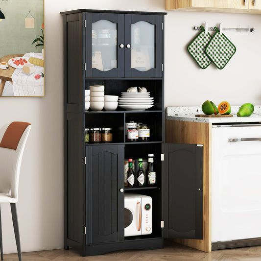 Gabinete de Almacenamiento de Lino para Baño Independiente de 58.5 Pulgadas con Puertas de Vidrio Esmerilado - Negro