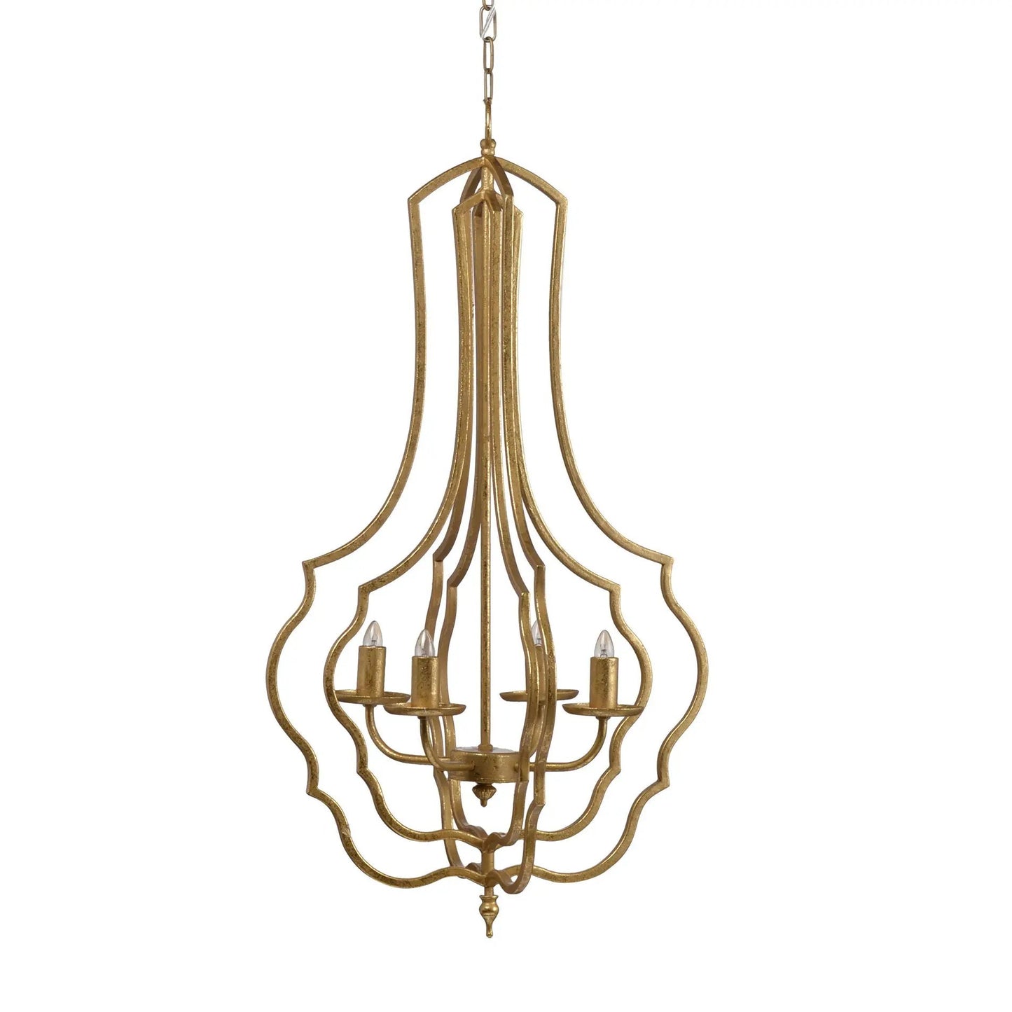 Gold four-light chandelier with open sculpted frame and candle bulbs hanging from chain on Tampa Home & Garden Store