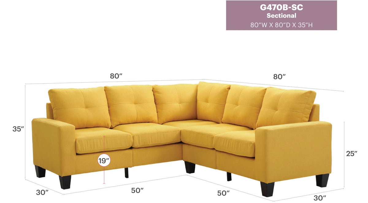 Newbury Sectional Sofa with Pocket Coil Cushions in mustard yellow, 80W x 80D on Tampa Home & Garden Store
