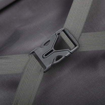 Luggage strap close-up with gray woven webbing and black plastic buckle on dark fabric on Tampa Home & Garden Store