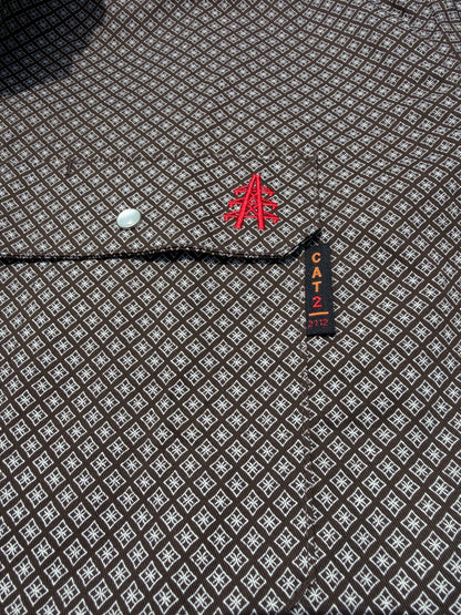 FR Pearl Snap Work Shirt Copperhead fabric closeup with red embroidery and CAT2 tag on Tampa Home & Garden Store