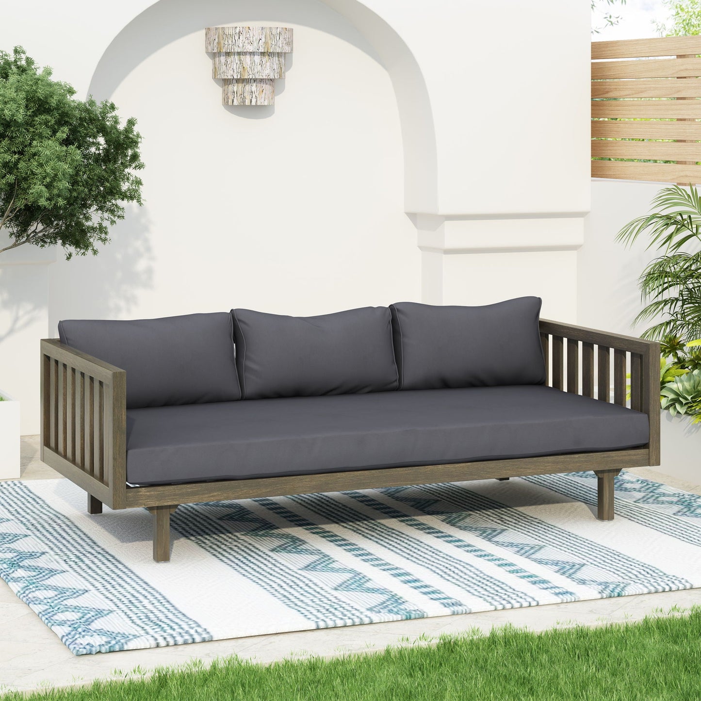 Claremont 3 Seater Daybed with teak acacia wood frame and dark gray cushions on Tampa Home & Garden Store