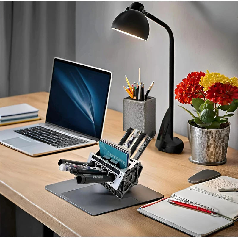 Engine Block Desk Organizer: Modern art for desktop/bookshelf. Holds business cards, a creative office accessory. - Tampa Home & Garden Store
