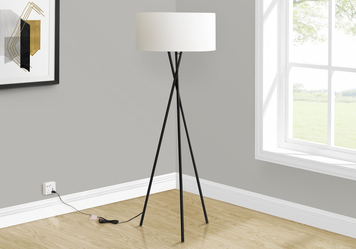 8th Street black metal floor lamp with ivory fabric shade, tripod base on Tampa Home & Garden Store