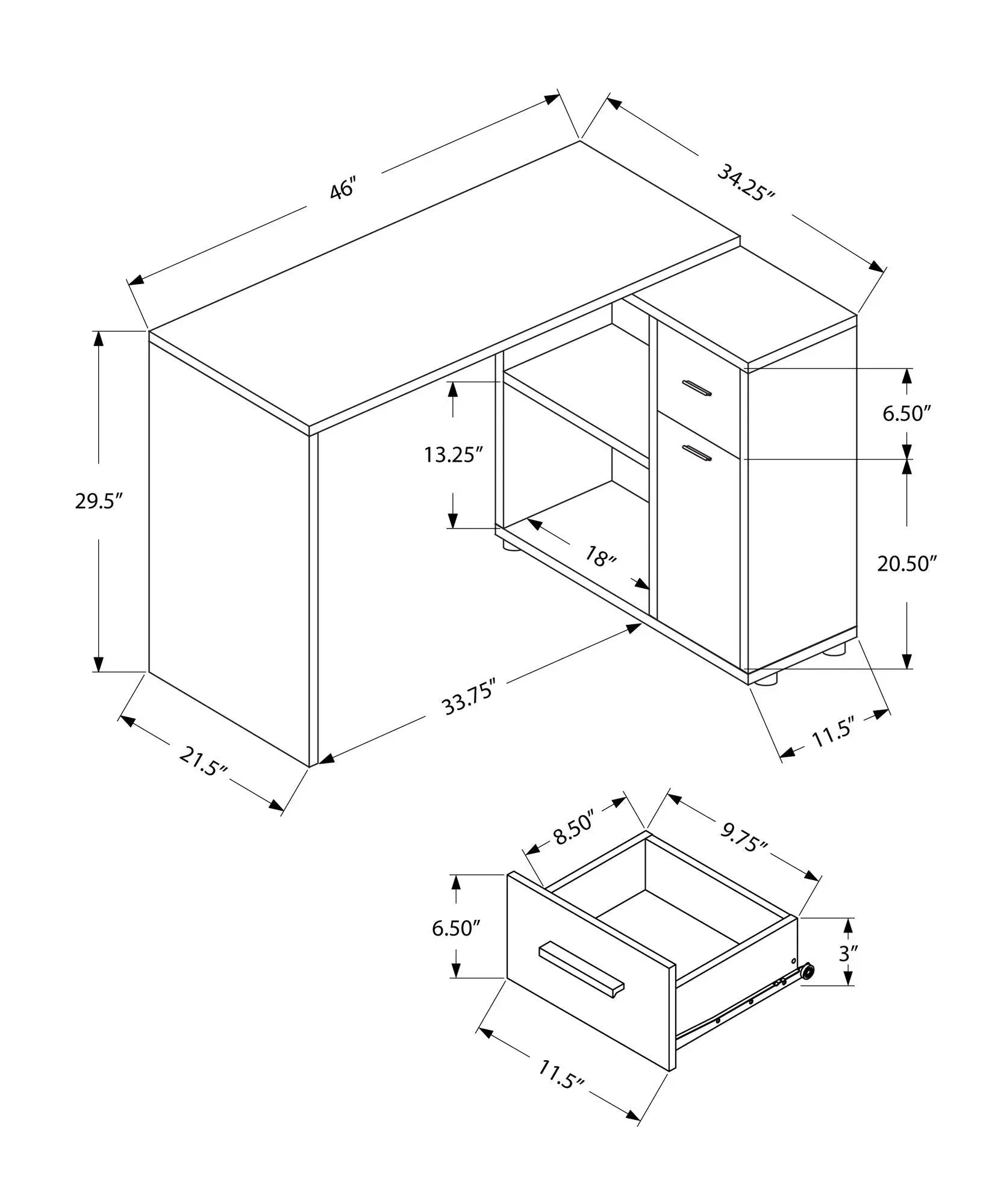 Corner desk with storage drawers, L-shaped blueprint line drawing by Unique Piece Furniture on Tampa Home & Garden Store