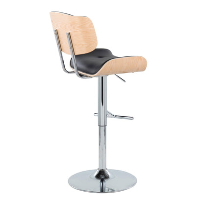 Contemporary adjustable barstool with swivel, wood back/seat, black cushion, chrome base on Tampa Home & Garden Store