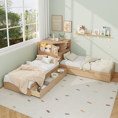 Compact L Shaped Bed Frame with Trundle and Desk
