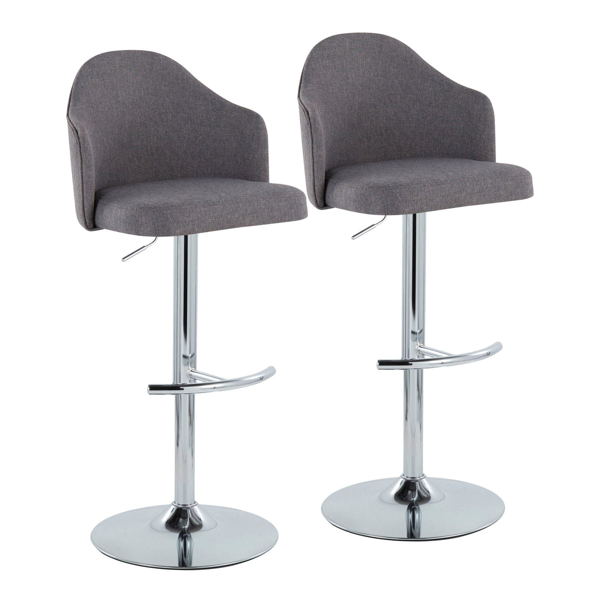 Contemporary adjustable barstool pair with swivel, grey fabric upholstery and chrome bases on Tampa Home & Garden Store
